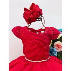 Vestido Infantil Vermelho Renda e Aplique de Flores Pérolas