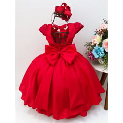 Vestido Infantil Vermelho Renda e Aplique de Flores Pérolas