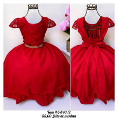 Vestido Infantil Vermelho Renda Luxo Cinto Strass