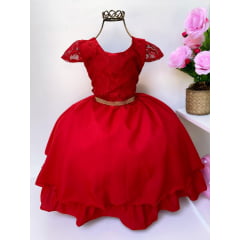 Vestido Infantil Vermelho Renda Luxo Cinto Strass