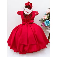 Vestido Infantil Vermelho Rendado C/ Cinto Strass Luxo