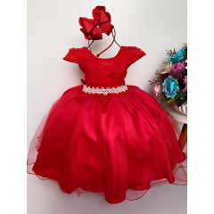 Vestido Infantil Vermelho Rendado Cinto Pérolas Saia Lisa Luxo