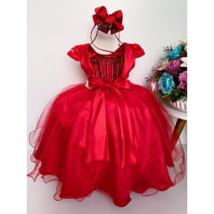 Vestido Infantil Vermelho Rendado Cinto Pérolas Saia Lisa Luxo