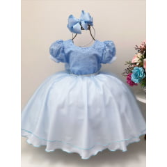 Vestido Infantil Azul Tule C/ Cinto Pérolas Luxo Batizado