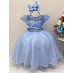 Vestido Infantil Azul Tule C/ Cinto Pérolas Strass Luxo