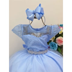 Vestido Infantil Azul Tule C/ Cinto Pérolas Strass Luxo