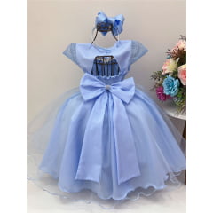 Vestido Infantil Azul Tule C/ Cinto Pérolas Strass Luxo