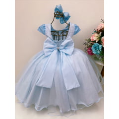 Vestido Infantil Azul Tule Cinto Pérolas Luxo Batizado