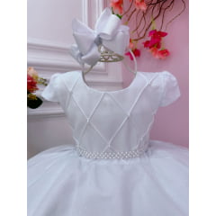 Vestido Infantil Branco C/ Busto Nervura Cinto Pérolas Festa