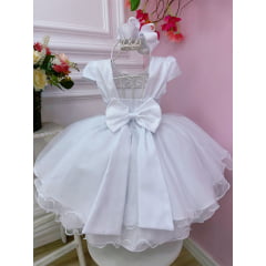 Vestido Infantil Branco C/ Busto Nervura Cinto Pérolas Festa