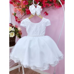 Vestido Infantil Branco C/ Busto Nervura Cinto Pérolas Festa