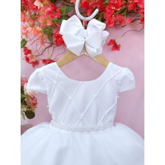 Vestido Infantil Branco C/ Busto Nervura Cinto Pérolas Festa