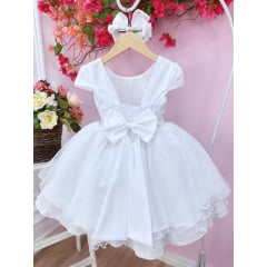 Vestido Infantil Branco C/ Busto Nervura Cinto Pérolas Festa