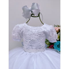 Vestido Infantil Branco Tule C/ Cinto Pérolas Luxo Batizado
