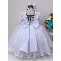Vestido Infantil Branco Tule C/ Cinto Pérolas Luxo Batizado