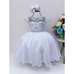 Vestido Infantil Branco Tule C/ Cinto Pérolas Strass Luxo