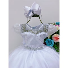 Vestido Infantil Branco Tule C/ Cinto Pérolas Strass Luxo