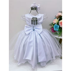 Vestido Infantil Branco Tule C/ Cinto Pérolas Strass Luxo
