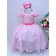VESTIDO INFANTIL ROSA RENDA SAIA VOAL CINTO PÉROLAS LUXO