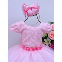 VESTIDO INFANTIL ROSA RENDA SAIA VOAL CINTO PÉROLAS LUXO