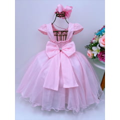 VESTIDO INFANTIL ROSA RENDA SAIA VOAL CINTO PÉROLAS LUXO