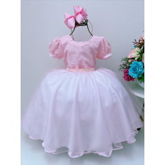 Vestido Infantil Rosa Tule C/ Cinto Pérolas Luxo Batizado