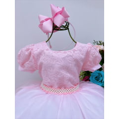 Vestido Infantil Rosa Tule C/ Cinto Pérolas Luxo Batizado