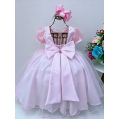 Vestido Infantil Rosa Tule C/ Cinto Pérolas Luxo Batizado