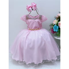 Vestido Infantil Rosa Tule C/ Cinto Pérolas Strass Luxo