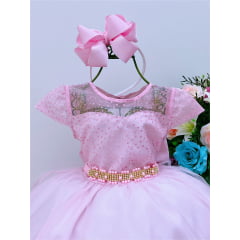 Vestido Infantil Rosa Tule C/ Cinto Pérolas Strass Luxo