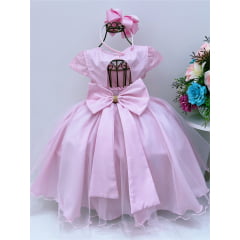 Vestido Infantil Rosa Tule C/ Cinto Pérolas Strass Luxo