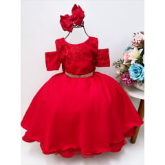 Vestido Infantil Vermelho C/ Renda Cinto Strass Luxo