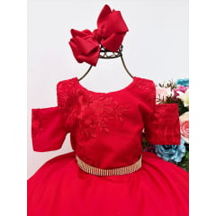 Vestido Infantil Vermelho C/ Renda Cinto Strass Luxo