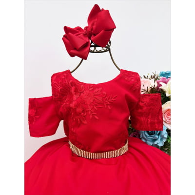 Vestido Infantil Vermelho C/ Renda Cinto Strass Luxo