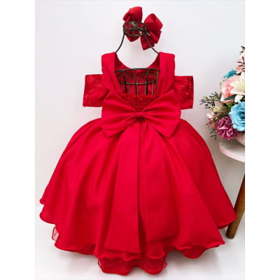 Vestido Infantil Vermelho C/ Renda Cinto Strass Luxo