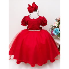 Vestido Infantil Vermelho Tule C/ Cinto Pérolas Luxo Batizado