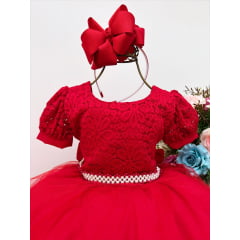 Vestido Infantil Vermelho Tule C/ Cinto Pérolas Luxo Batizado