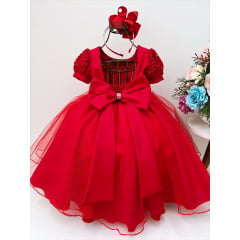 Vestido Infantil Vermelho Tule C/ Cinto Pérolas Luxo Batizado