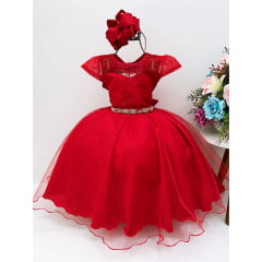 Vestido Infantil Vermelho Tule C/ Cinto Pérolas Strass Luxo