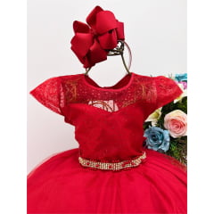 Vestido Infantil Vermelho Tule C/ Cinto Pérolas Strass Luxo