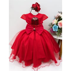 Vestido Infantil Vermelho Tule C/ Cinto Pérolas Strass Luxo