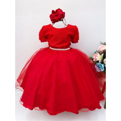 Vestido Infantil Vermelho Tule Cinto Pérolas Luxo Batizado