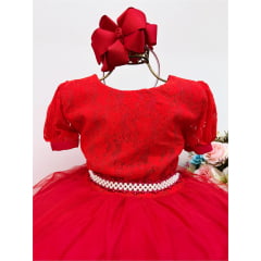 Vestido Infantil Vermelho Tule Cinto Pérolas Luxo Batizado
