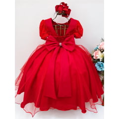 Vestido Infantil Vermelho Tule Cinto Pérolas Luxo Batizado