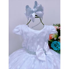 Vestido Infantil Branco Tule Bolinhas Cinto Strass Luxo