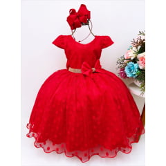 Vestido Infantil Vermelho Tule Bolinhas Cinto Strass Luxo