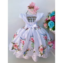 Vestido Infantil Branco Floral Luxo Festas de Princesa