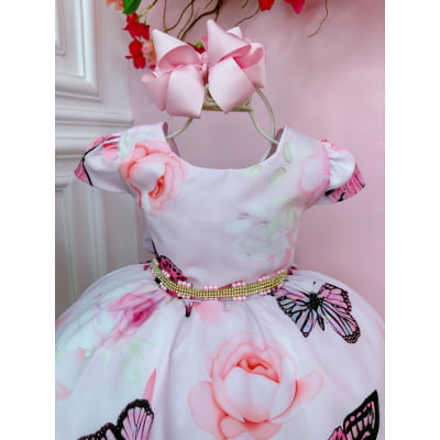 Vestido Infantil Rosa Bebê Jardim das Borboletas Cinto Strass