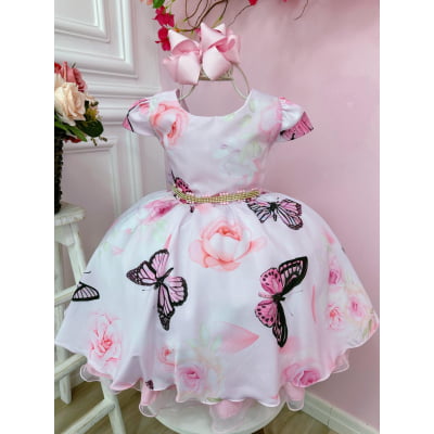 Vestido Infantil Rosa Bebê Jardim das Borboletas Cinto Strass