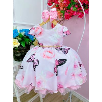 Vestido Infantil Rosa Bebê Jardim das Borboletas Cinto Strass